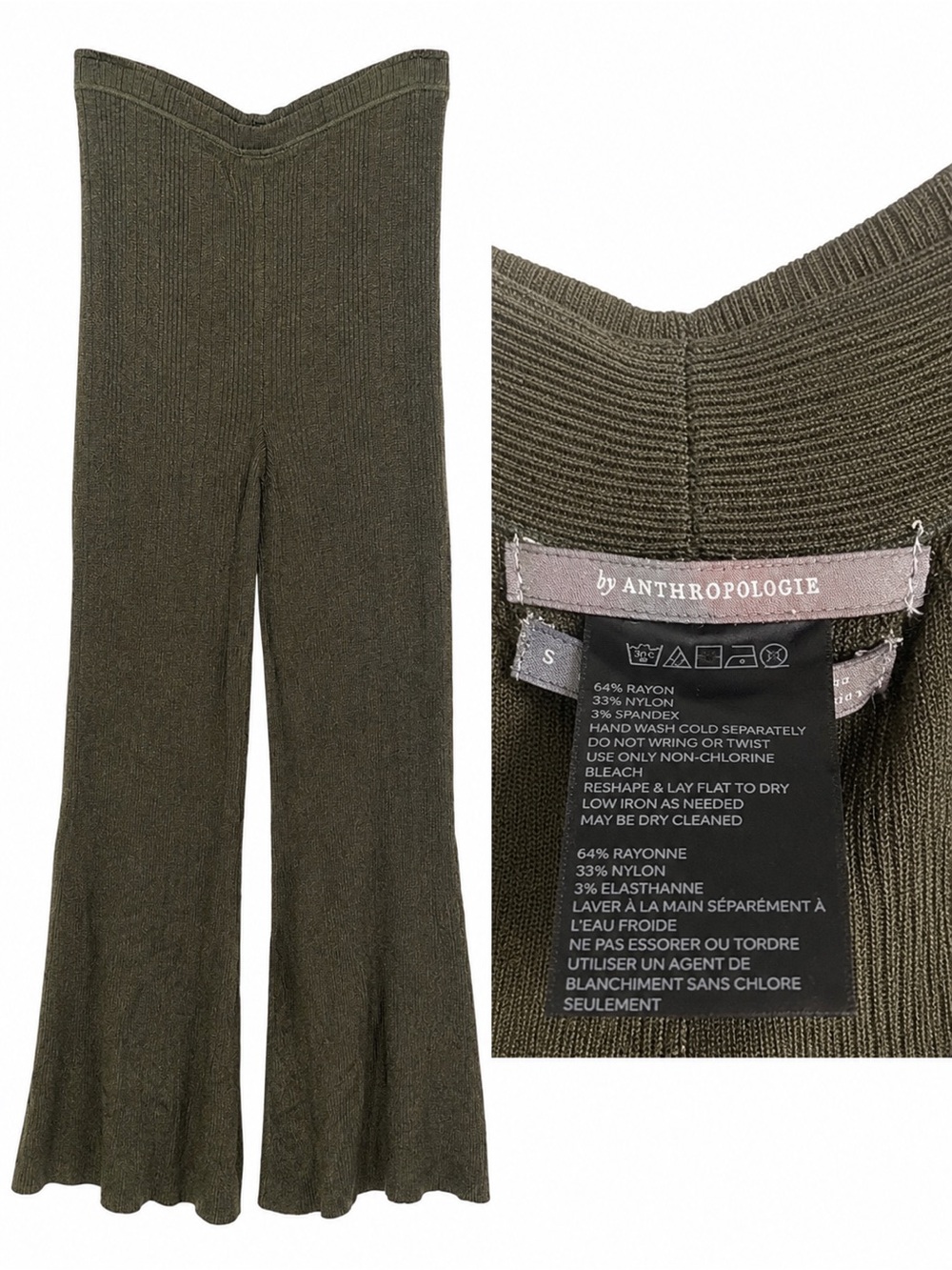 Anthropologie Olive Ribbed Flare Knit Pants